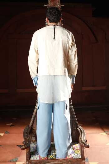 ASHNA VASWANI_Blue Handloom Cotton, Denim Colorblock Kurta And Pant Set _Online_at_Aza_Fashions