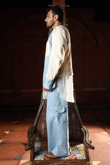 ASHNA VASWANI_Blue Handloom Cotton, Denim Colorblock Kurta And Pant Set _at_Aza_Fashions