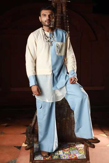 Buy_ASHNA VASWANI_Blue Handloom Cotton, Denim Colorblock Kurta And Pant Set _at_Aza_Fashions