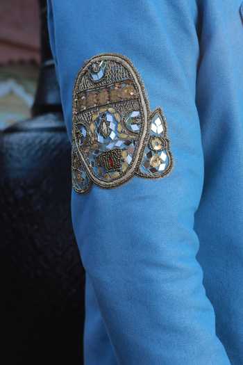 Buy_Ashna Vaswani_Blue Satin, Denim, Kota Doria Mirror Work Blazer Set _Online_at_Aza_Fashions