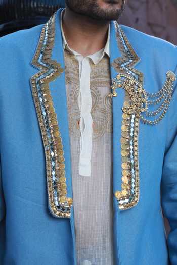 Buy_Ashna Vaswani_Blue Satin, Denim, Kota Doria Mirror Work Blazer Set 