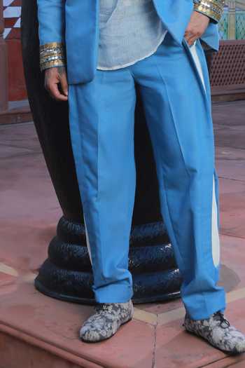 Shop_Ashna Vaswani_Blue Satin, Denim, Kota Doria Mirror Work Blazer Set 