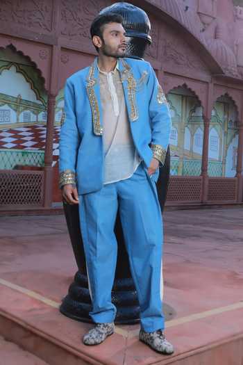 Buy_Ashna Vaswani_Blue Satin, Denim, Kota Doria Mirror Work Blazer Set _at_Aza_Fashions
