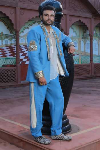 Ashna Vaswani_Blue Satin, Denim, Kota Doria Mirror Work Blazer Set _Online