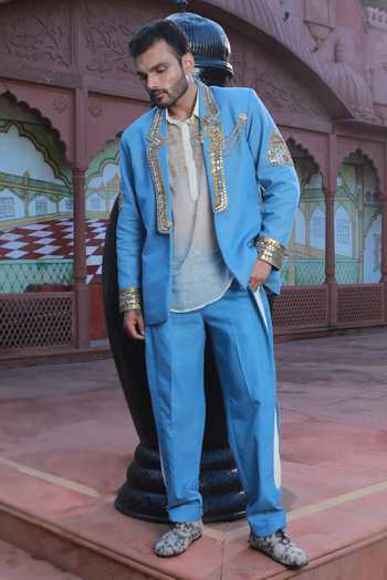 Buy_Ashna Vaswani_Blue Satin, Denim, Kota Doria Mirror Work Blazer Set _Online