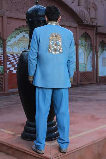Ashna Vaswani_Blue Satin, Denim, Kota Doria Mirror Work Blazer Set _Online_at_Aza_Fashions