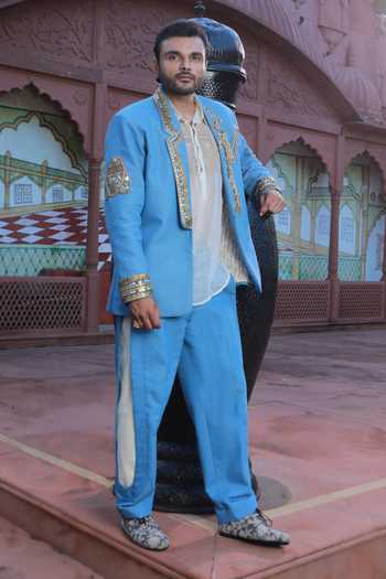 Shop_Ashna Vaswani_Blue Satin, Denim, Kota Doria Mirror Work Blazer Set _Online