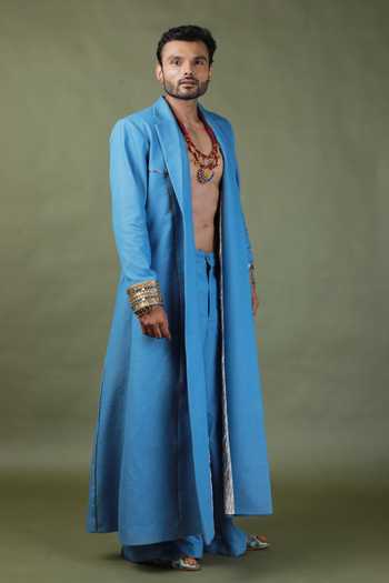 Buy_ASHNA VASWANI_Blue Satin, Denim Coat And Pant Set _Online_at_Aza_Fashions