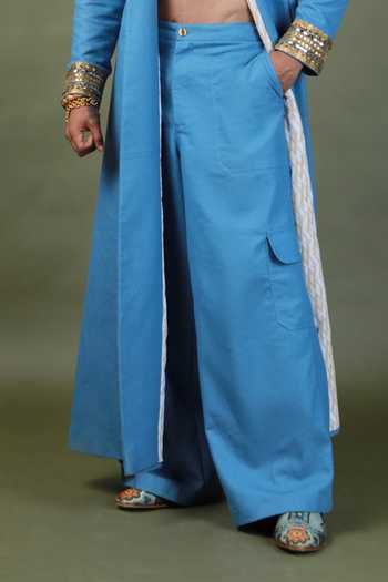 Shop_ASHNA VASWANI_Blue Satin, Denim Coat And Pant Set _Online_at_Aza_Fashions