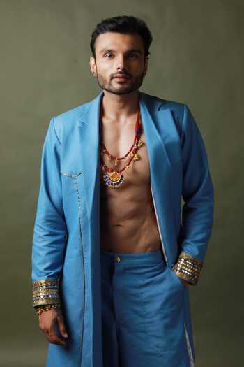 ASHNA VASWANI_Blue Satin, Denim Coat And Pant Set _at_Aza_Fashions
