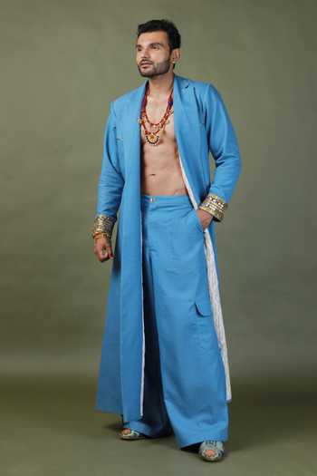 ASHNA VASWANI_Blue Satin, Denim Coat And Pant Set _Online_at_Aza_Fashions