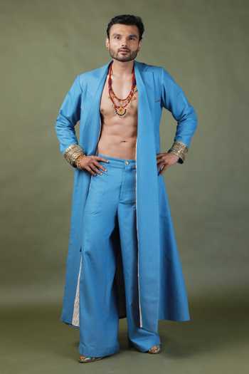 Buy_ASHNA VASWANI_Blue Satin, Denim Coat And Pant Set 