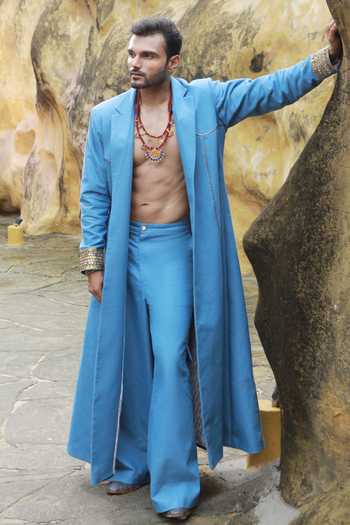 Shop_ASHNA VASWANI_Blue Satin, Denim Coat And Pant Set 