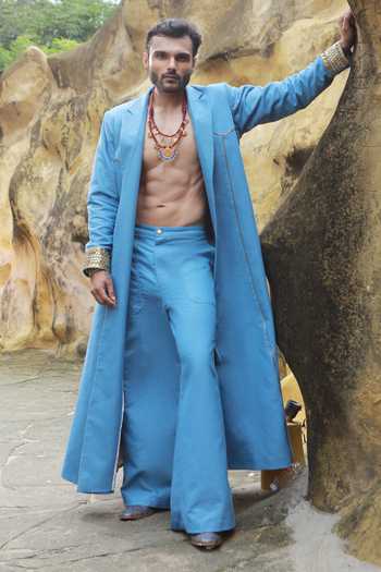 Buy_ASHNA VASWANI_Blue Satin, Denim Coat And Pant Set _at_Aza_Fashions