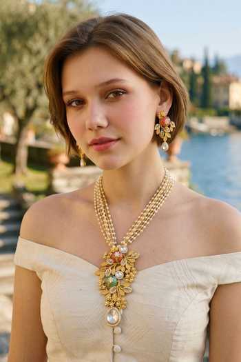 Buy_Amaara Jewels_White Opaline Garden Embellished Pendant Necklace Set _at_Aza_Fashions