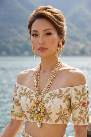 Shop_Amaara Jewels_White Opaline Garden Embellished Pendant Necklace Set _Online_at_Aza_Fashions