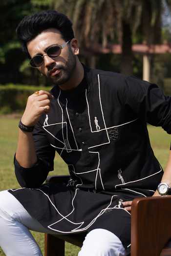 Heartistry by Anky_Black Cotton The Metropolis Giza Kurta _Online_at_Aza_Fashions