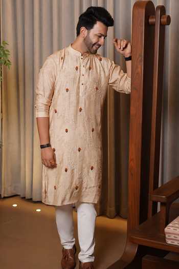 Shop_Heartistry by Anky_Beige Muslin The Marigold Jamdani Kurta _at_Aza_Fashions
