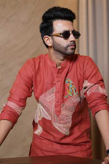 Heartistry by Anky_Orange Linen The Terracotta Prism Kurta _Online_at_Aza_Fashions