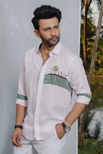 Heartistry by Anky_Pink Linen The Oasis Crest Shirt _Online_at_Aza_Fashions