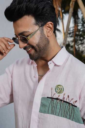 Buy_Heartistry by Anky_Pink Linen The Oasis Crest Shirt _Online_at_Aza_Fashions