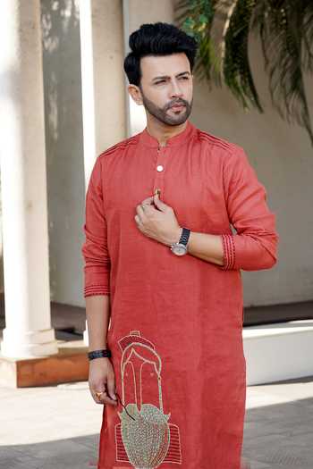 Buy_Heartistry by Anky_Orange Linen The Royal Mustache Kurta _at_Aza_Fashions