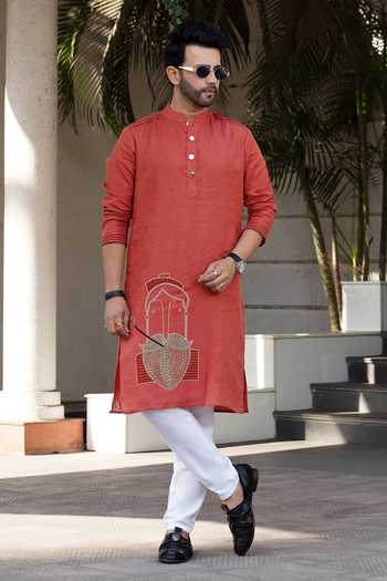 Shop_Heartistry by Anky_Orange Linen The Royal Mustache Kurta _at_Aza_Fashions