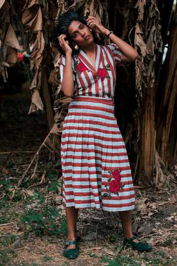 Shop_Jodi_Blue Cotton Doriya Pleated Striped Skirt _Online_at_Aza_Fashions