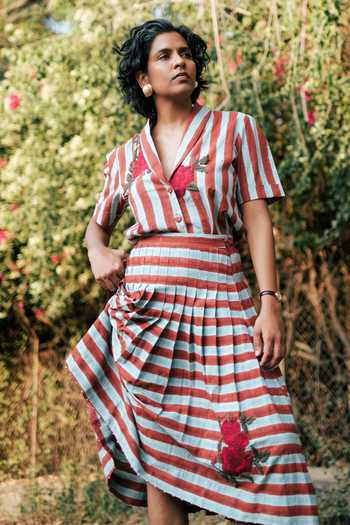 Jodi_Blue Cotton Doriya Pleated Striped Skirt _at_Aza_Fashions