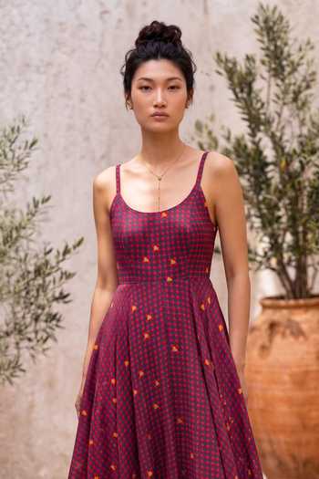 Buy_Nautanky_Pink Crepe Scoop Neck Love In The Grid Cherry Print Maxi Dress _Online_at_Aza_Fashions