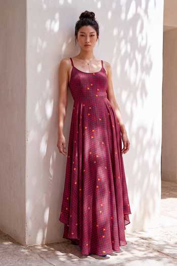 Buy_Nautanky_Pink Crepe Scoop Neck Love In The Grid Cherry Print Maxi Dress _at_Aza_Fashions