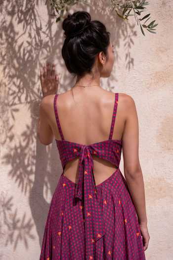 Shop_Nautanky_Pink Crepe Scoop Neck Love In The Grid Cherry Print Maxi Dress _at_Aza_Fashions