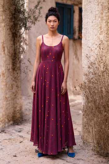 Nautanky_Pink Crepe Scoop Neck Love In The Grid Cherry Print Maxi Dress _at_Aza_Fashions