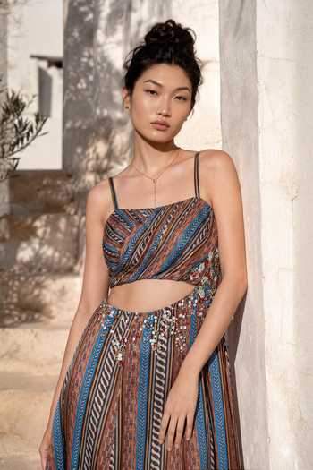 Nautanky_Blue Crepe Square Neck Sahara Glow Hand Embroidered Dress _Online_at_Aza_Fashions
