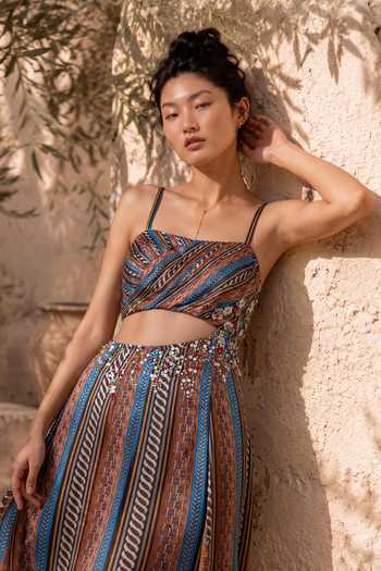 Buy_Nautanky_Blue Crepe Square Neck Sahara Glow Hand Embroidered Dress _Online_at_Aza_Fashions