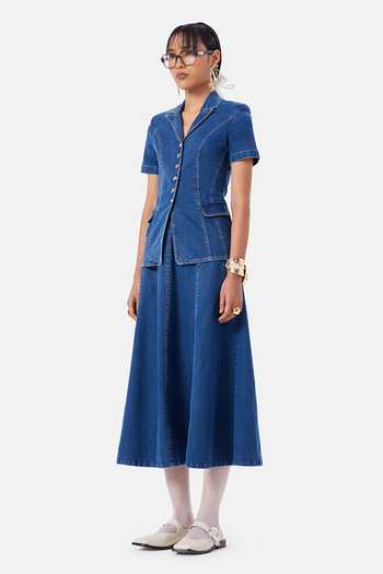 Buy_NOTEBOOK_Blue Cotton, Denim Notched Neck Madison Shirt And Skirt Set _at_Aza_Fashions
