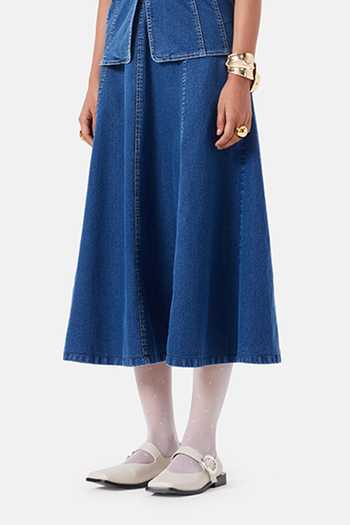 NOTEBOOK_Blue Cotton, Denim Notched Neck Madison Shirt And Skirt Set _Online_at_Aza_Fashions