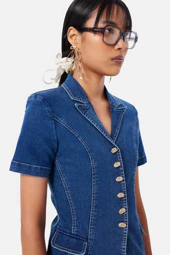 Buy_NOTEBOOK_Blue Cotton, Denim Notched Neck Madison Shirt And Skirt Set _Online_at_Aza_Fashions