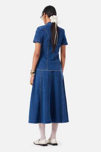 Shop_NOTEBOOK_Blue Cotton, Denim Notched Neck Madison Shirt And Skirt Set _at_Aza_Fashions