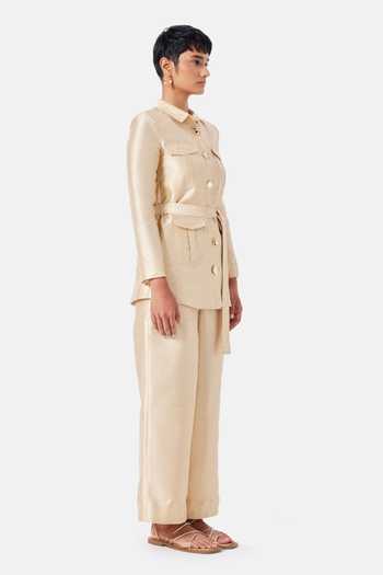 NOTEBOOK_Beige Polyester Collared Neck Allison Shirt And Pant Set _Online_at_Aza_Fashions