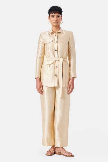 Buy_NOTEBOOK_Beige Polyester Collared Neck Allison Shirt And Pant Set _at_Aza_Fashions