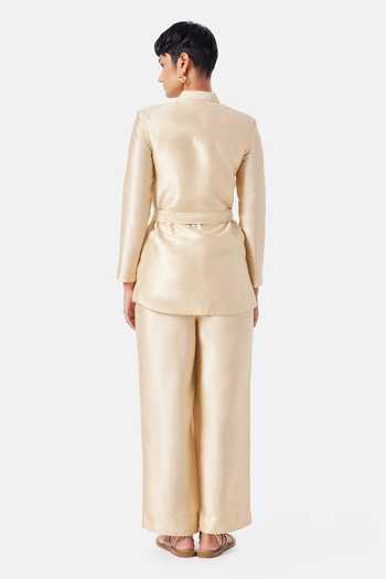 Shop_NOTEBOOK_Beige Polyester Collared Neck Allison Shirt And Pant Set _at_Aza_Fashions