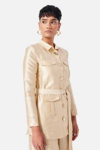 Shop_NOTEBOOK_Beige Polyester Collared Neck Allison Shirt And Pant Set _Online_at_Aza_Fashions