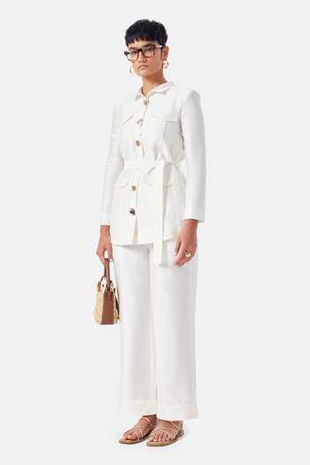 Buy_NOTEBOOK_Ivory Polyester Collared Neck Allison Shirt And Pant Set _at_Aza_Fashions