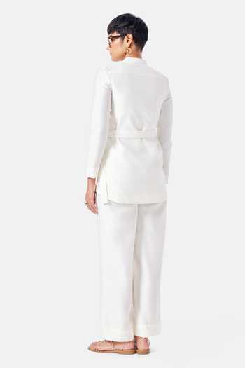 Shop_NOTEBOOK_Ivory Polyester Collared Neck Allison Shirt And Pant Set _at_Aza_Fashions
