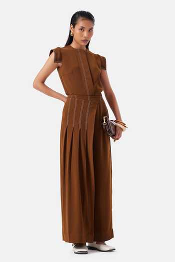 Buy_NOTEBOOK_Brown Crepe Round Neck Blair Placement Embroidered Top And Pant Set _at_Aza_Fashions