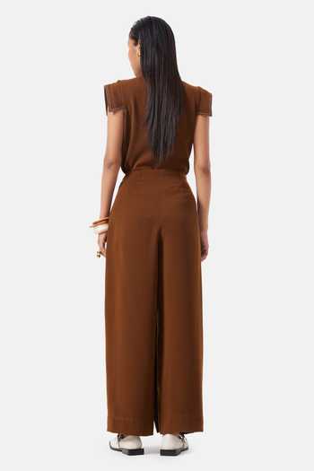 Shop_NOTEBOOK_Brown Crepe Round Neck Blair Placement Embroidered Top And Pant Set _at_Aza_Fashions