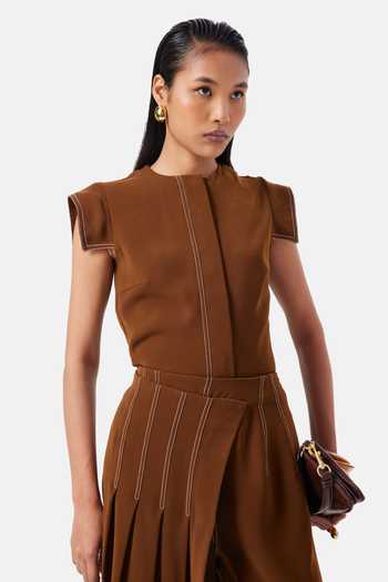 NOTEBOOK_Brown Crepe Round Neck Blair Placement Embroidered Top And Pant Set _Online_at_Aza_Fashions