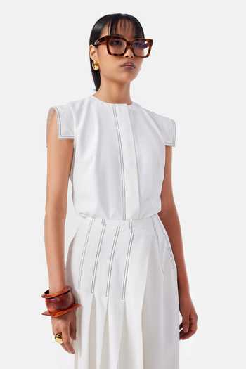 Buy_Notebook_White Crepe Round Neck Blair Placement Embroidered Top And Pant Set _Online_at_Aza_Fashions