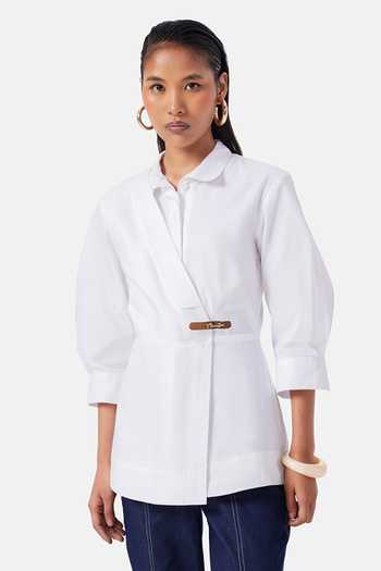 Buy_Notebook_White Cotton Collared Neck Nina Wrap Shirt _at_Aza_Fashions